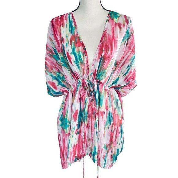 SHEIN Bat Wing Self Tie Sheer Swimsuit Coverup Ikat Pink One Size - Picture 1 of 7